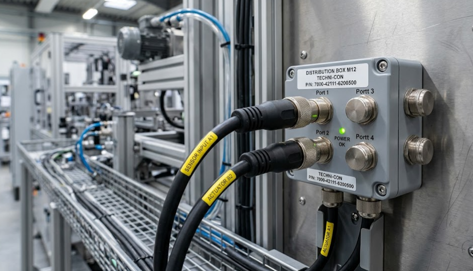 Conectividade Close-up em conectores M12 e cabos injetados conectados a uma caixa de distribuição