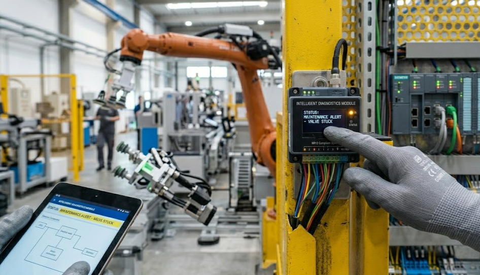 Segurança Um sensor magnético instalado em uma grade de proteção amarela (padrão NR12)