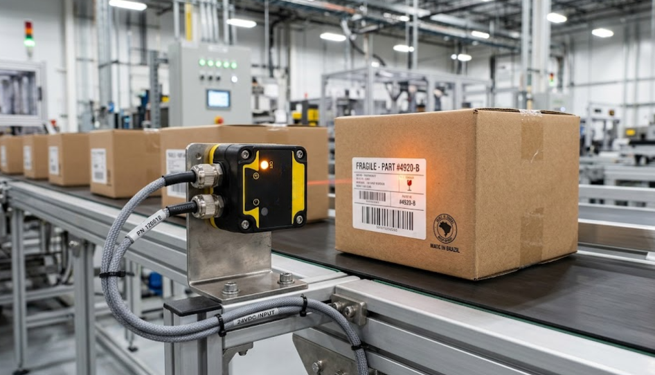 Um sensor com um feixe de luz (ou LED indicador aceso) detectando caixas em uma esteira rolante