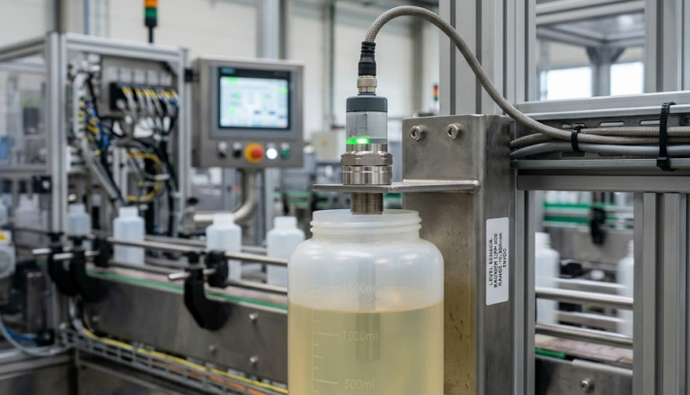 Um sensor monitorando o nível de líquido dentro de um reservatório ou garrafa translúcida