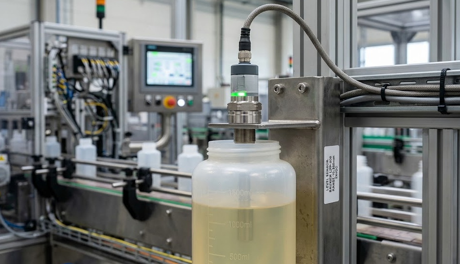 Um sensor monitorando o nível de líquido dentro de um reservatório ou garrafa translúcida